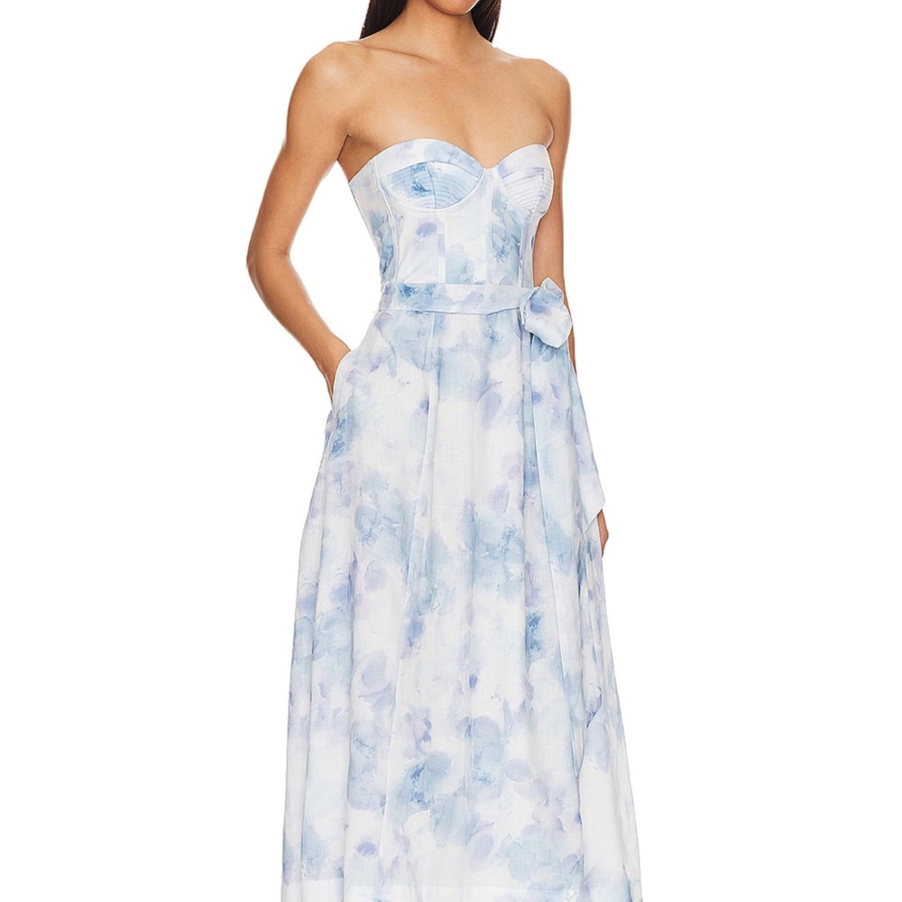 Bardot Strapless Dress in Blue and White - Picture 2 of 3
